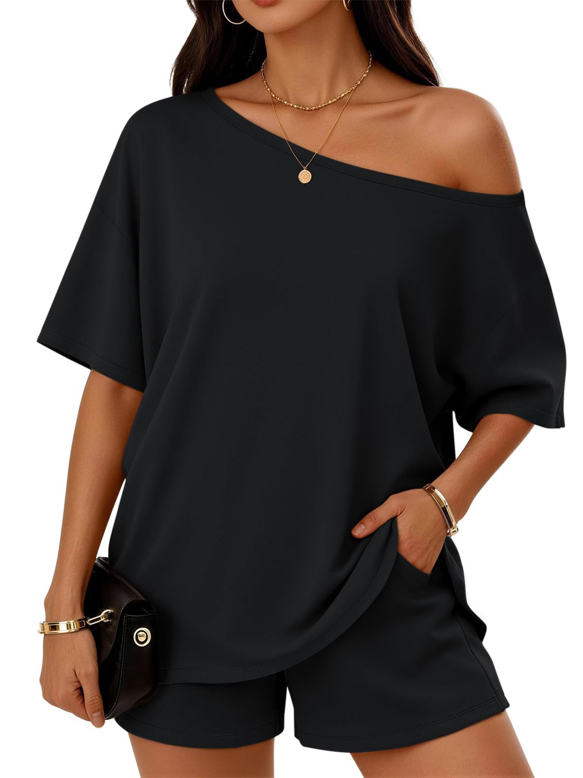 Women's Slant-Neck Top & Shorts Set – Casual 2-Piece Loungewear Outfit