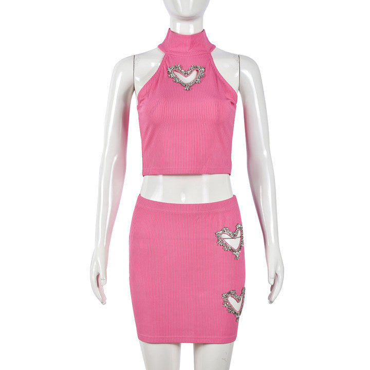 Women's Rhinestone Crop Vest & Mini Skirt Set – Trendy 2-Piece Outfit