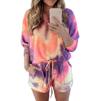 Tie-dye Printed Long-sleeved Shorts Casual Sports Suit