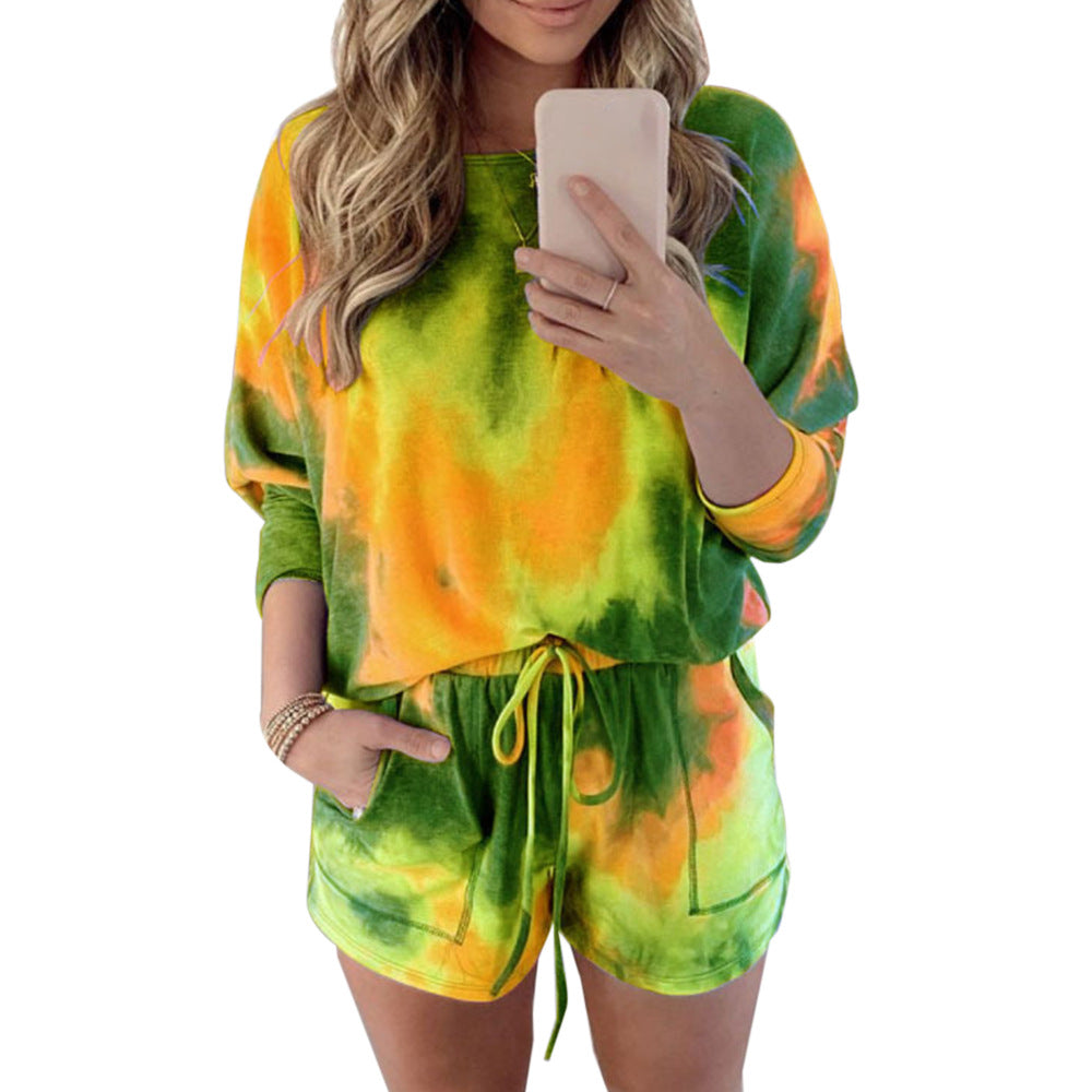 Tie-dye Printed Long-sleeved Shorts Casual Sports Suit