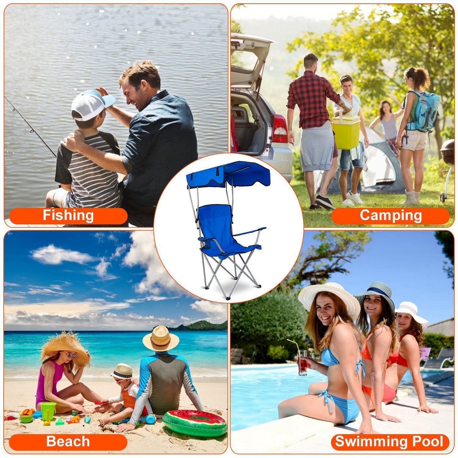 1Pc Foldable Camping Chair With Canopy Cup Holder 330LBS Max Load Folded As A Carry Bag Fedex Shipping