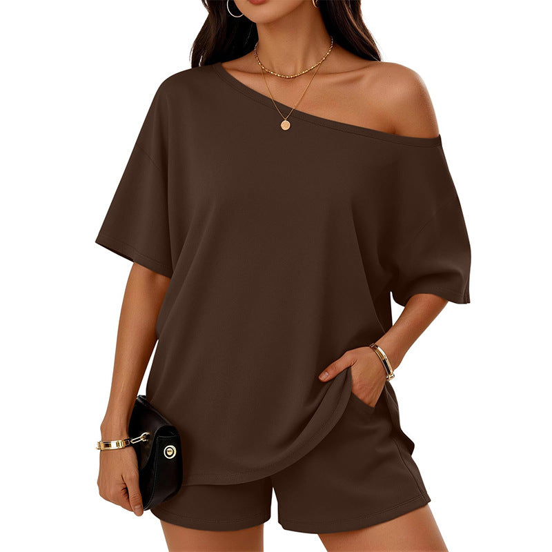 Women's Slant-Neck Top & Shorts Set – Casual 2-Piece Loungewear Outfit