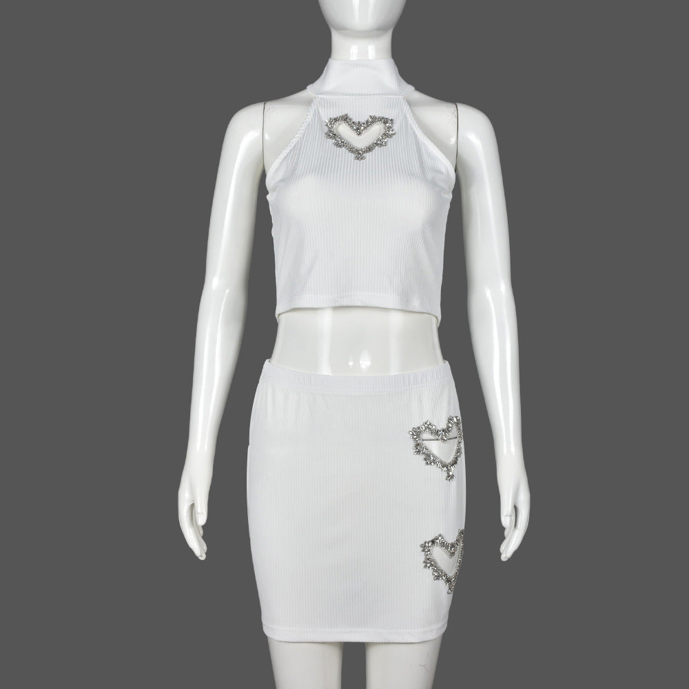 Women's Rhinestone Crop Vest & Mini Skirt Set – Trendy 2-Piece Outfit