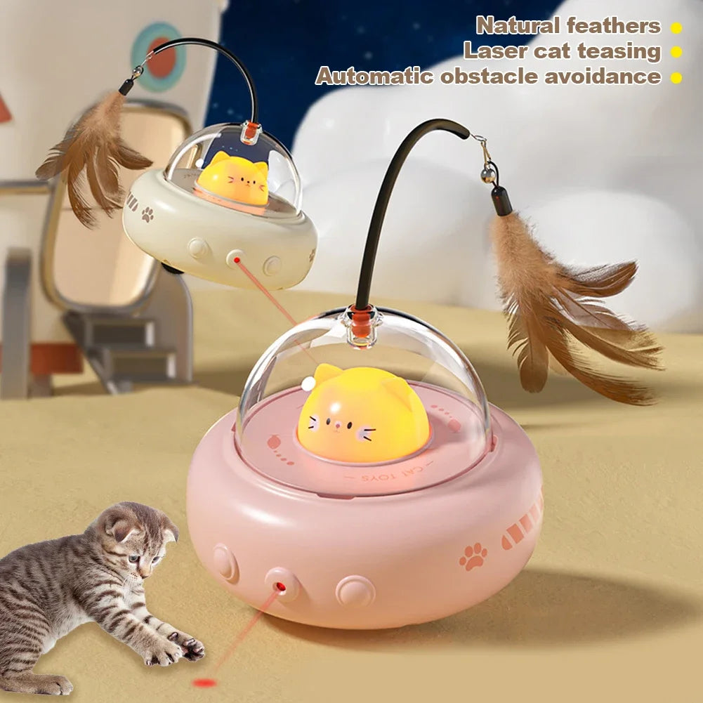 Electric UFO Cat Teaser Toy – Interactive Feather Wand with Bell for Cats