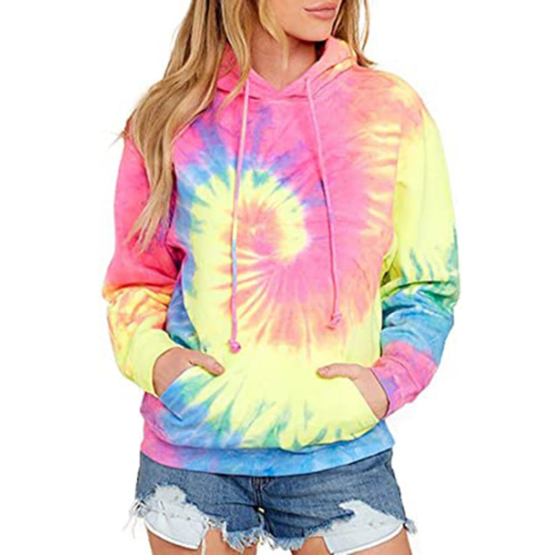 Women's Top Tie Dye Hooded Long Sleeve Pocket Sweatshirt