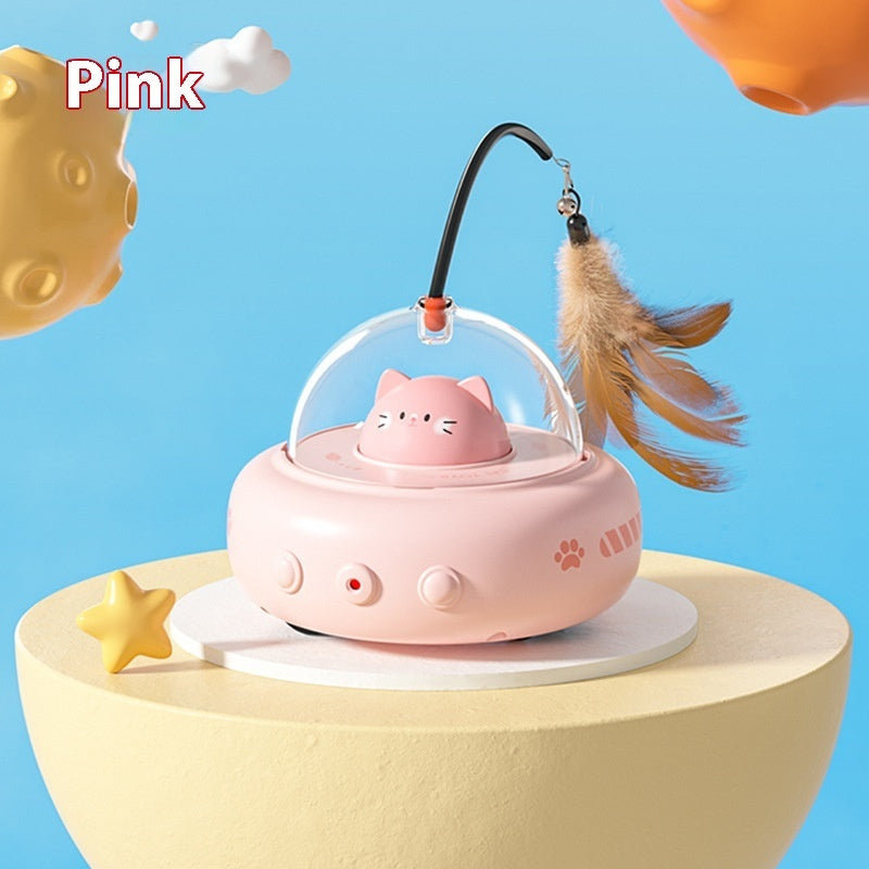 Electric UFO Cat Teaser Toy – Interactive Feather Wand with Bell for Cats