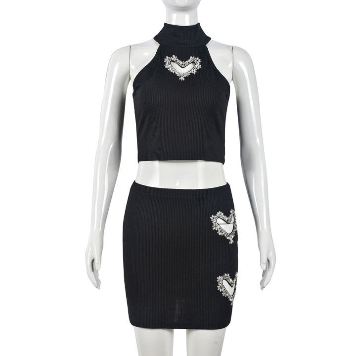 Women's Rhinestone Crop Vest & Mini Skirt Set – Trendy 2-Piece Outfit