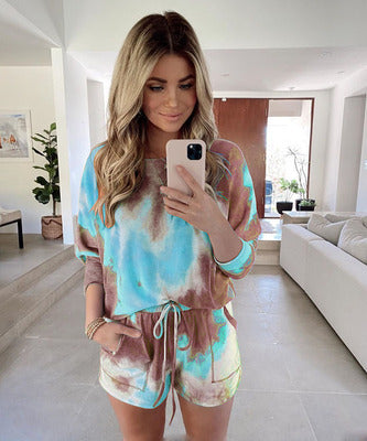 Tie-dye Printed Long-sleeved Shorts Casual Sports Suit