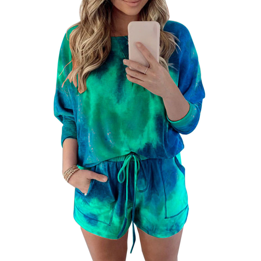 Tie-dye Printed Long-sleeved Shorts Casual Sports Suit