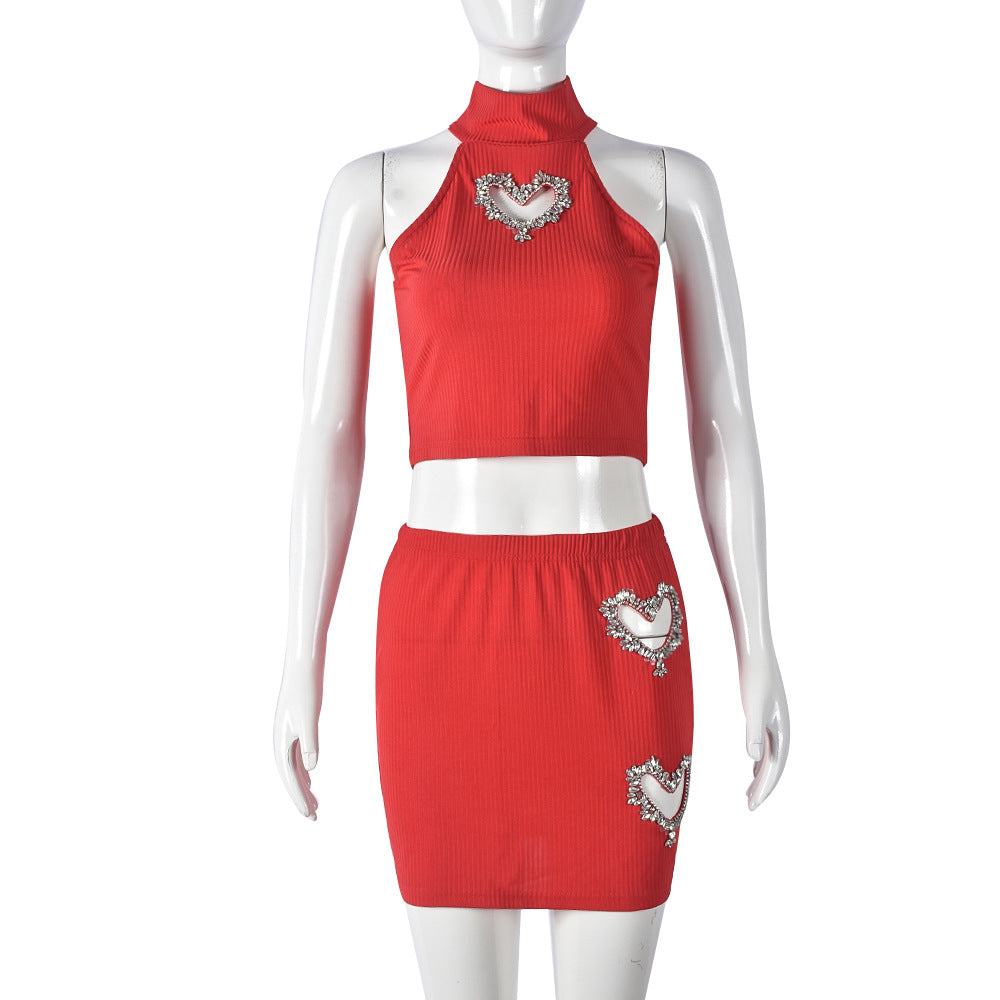 Women's Rhinestone Crop Vest & Mini Skirt Set – Trendy 2-Piece Outfit
