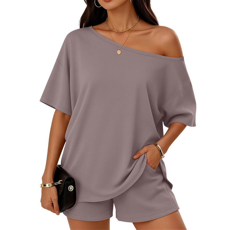 Women's Slant-Neck Top & Shorts Set – Casual 2-Piece Loungewear Outfit